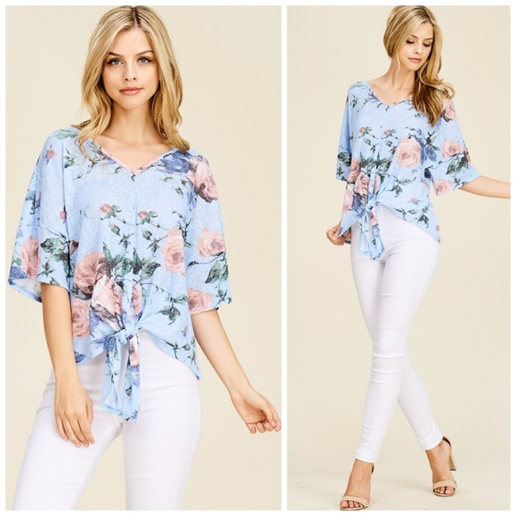 🌸NEW! Baby Blue Soft Tie Front Floral Top! LAST 1 - Picture 2 of 4
